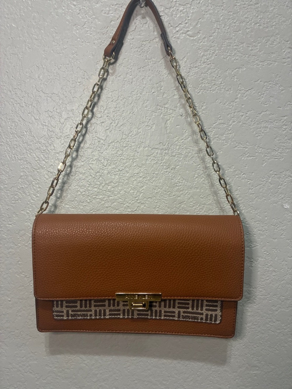 Anne Klein Brown Leather Shoulder Bag with Patterned Panel